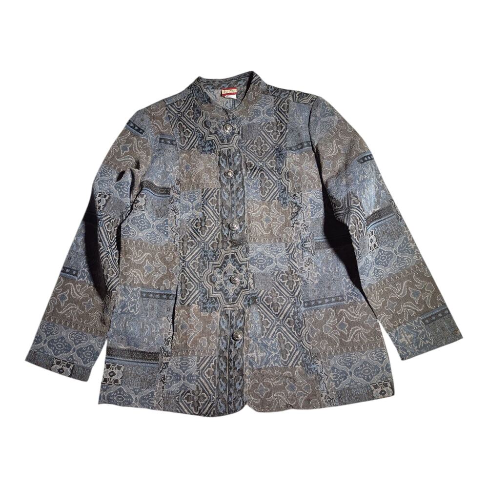 Vtg 1990s Tudor Court Gray Blue Floral Tapestry Mandarin Collar Jacket Sz L